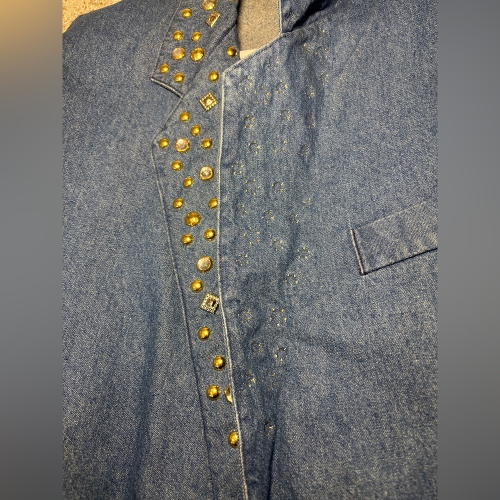 Vintage IDEAS Denim Jacket Blazer Unlined Gold Rhinestone Studded Size Small - Picture 5 of 11